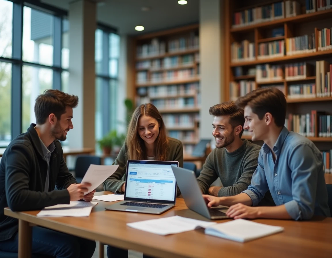 Groupe d'étudiants comparant le classement SIGEM 2026 des écoles en alternance dans une bibliothèque universitaire moderne