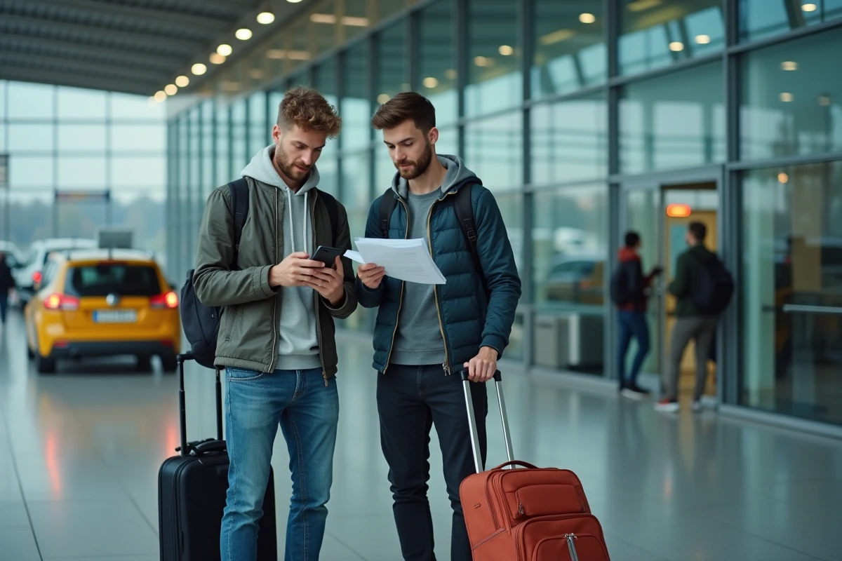 Deux étudiants en partance pour un voyage Erasmus devant un terminal d'aéroport européen avec leurs bagages