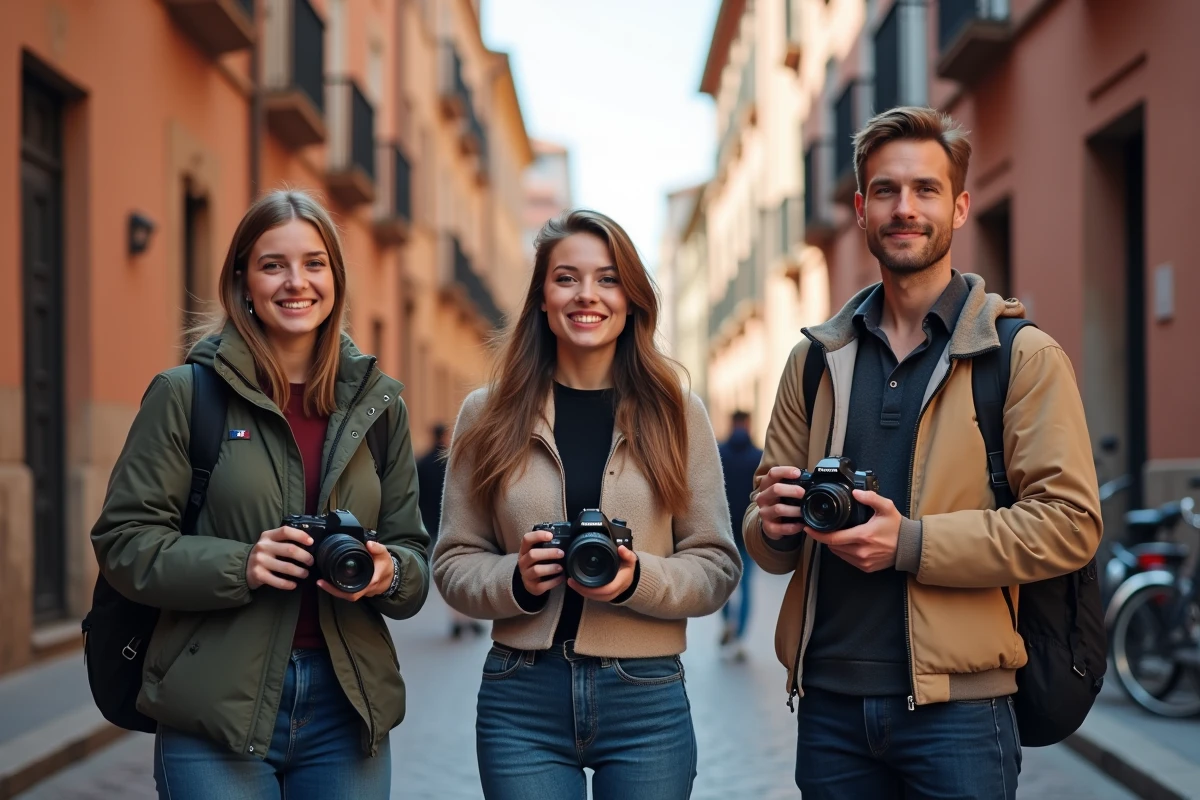 Groupe d'étudiants en photographie pratiquant en extérieur dans les rues historiques de Toulouse