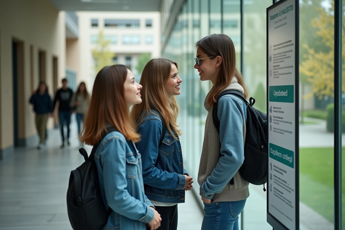 &Eacute;tudiants consultant le tableau d'affichage des nouveaux programmes acad&eacute;miques sur le campus de Clermont-Ferrand