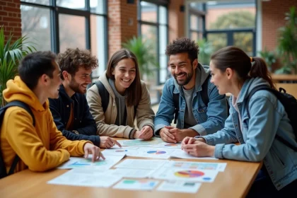 Groupe d'étudiants universitaires discutant d'un projet Erasmus autour d'une table avec des cartes et des brochures de voyage