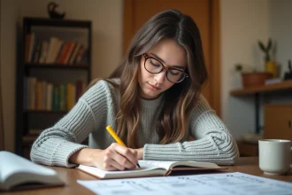 Jeune femme étudiant la conjugaison espagnole de l'imparfait avec des notes manuscrites sur un bureau en bois