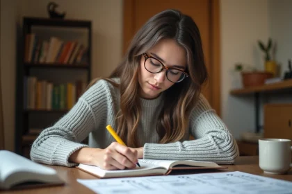 Jeune femme étudiant la conjugaison espagnole de l'imparfait avec des notes manuscrites sur un bureau en bois
