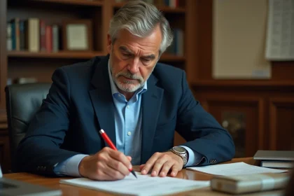 Homme concentré annotant un essai de littérature française