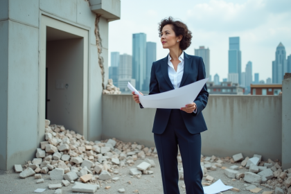 Cadre d'une femme d'affaires en costume navy face à un mur détruit