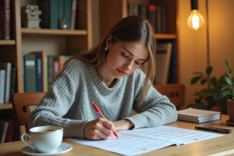 Jeune femme corrigeant des exercices de ponctuation imprimés sur papier à son bureau à domicile