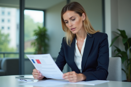 Femme en blazer navy dans un bureau moderne avec documents officiels