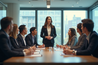Femme d'affaires confiante lors d'une réunion en entreprise