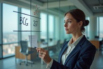 Femme d'affaires étudie une matrice BCG dans un bureau moderne