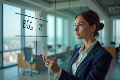 Femme d'affaires étudie une matrice BCG dans un bureau moderne