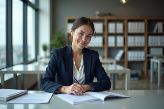 Femme d'affaires en bureau moderne avec documents