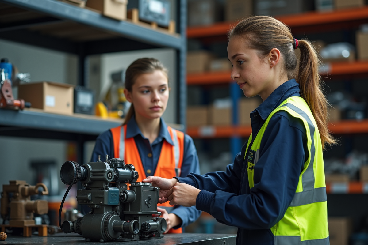 Femme en uniforme montrant un outil à une adolescente dans un atelier