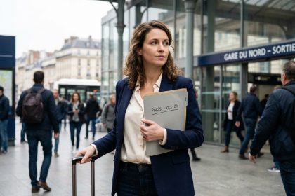 Femme d'affaires à la gare avec valise pour article sur voyage