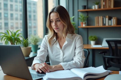 Femme confiante au bureau avec documents médicaux