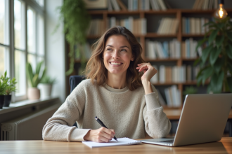 Femme assise au bureau prenant des notes dans un bureau lumineux