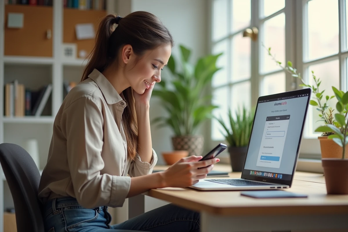 Femme au bureau moderne vérifiant son smartphone dans un espace lumineux