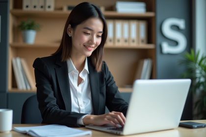 Jeune femme en bureau moderne travaillant sur son ordinateur