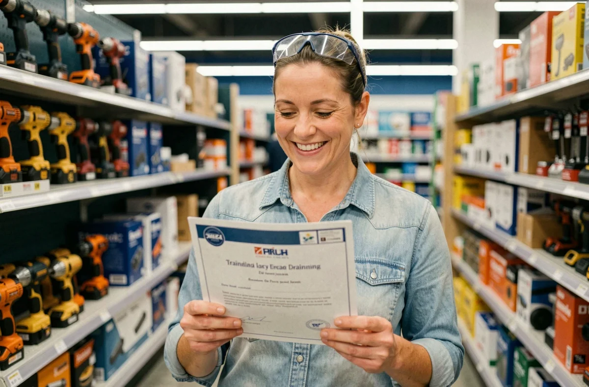 Femme fière tenant son certificat de formation bricolage dans une grande surface de matériaux