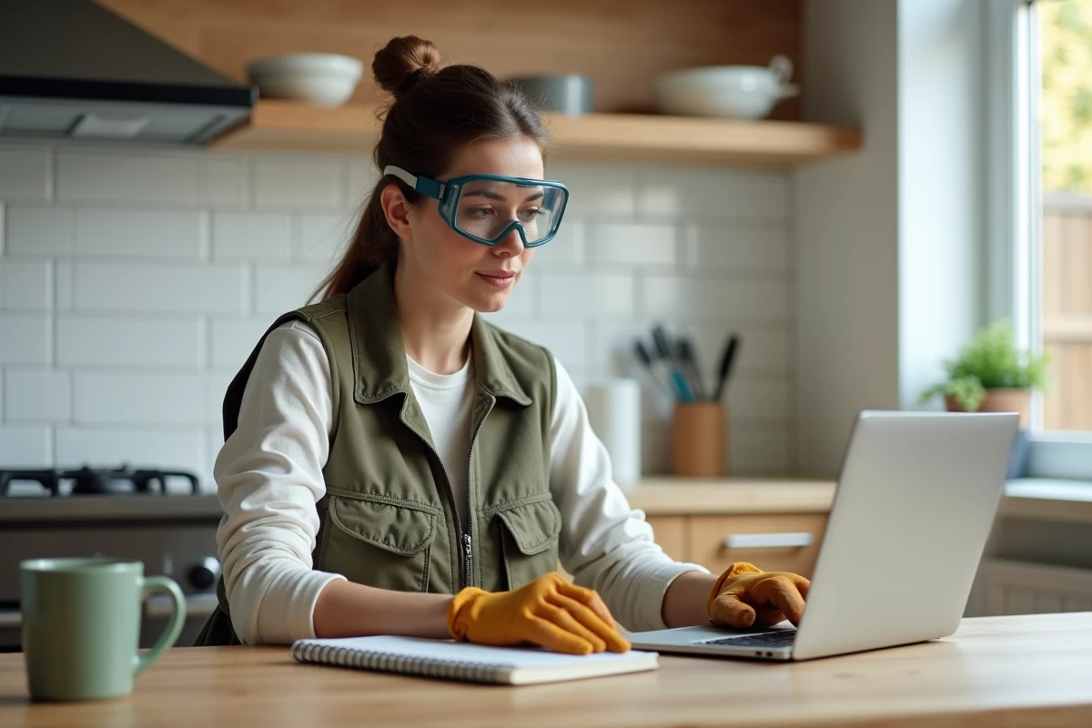 Femme suivant un cours de bricolage en ligne sur ordinateur portable avec prise de notes dans une cuisine moderne