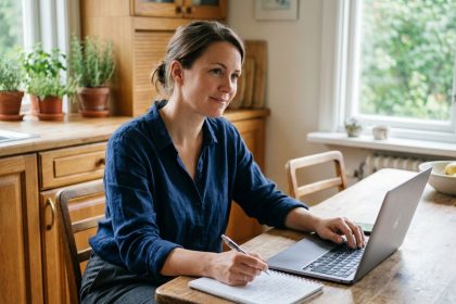 Femme assise à la cuisine avec ordinateur et carnet