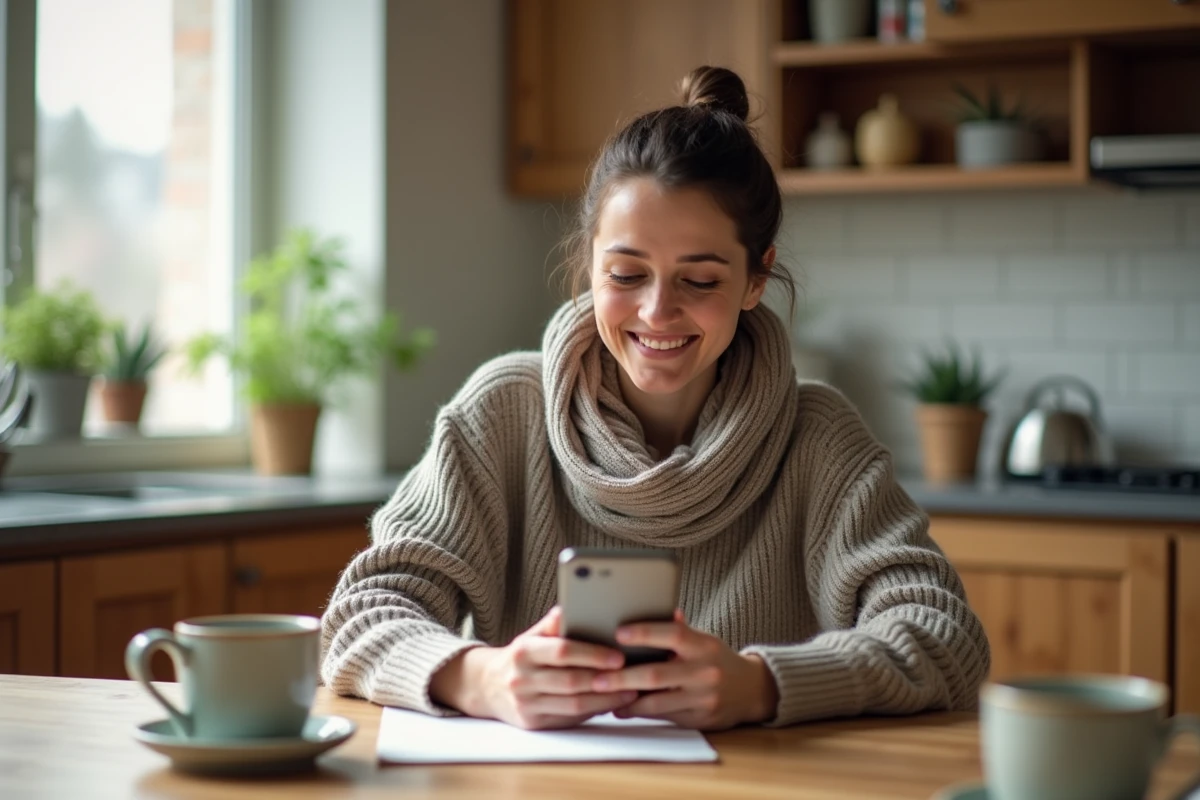 Femme v&eacute;rifiant ses devoirs sur son t&eacute;l&eacute;phone dans la cuisine