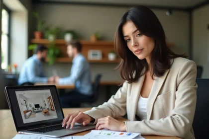 Femme professionnelle étudiant des plans d'aménagement intérieur lors d'une formation Decoscope.fr dans un espace de coworking