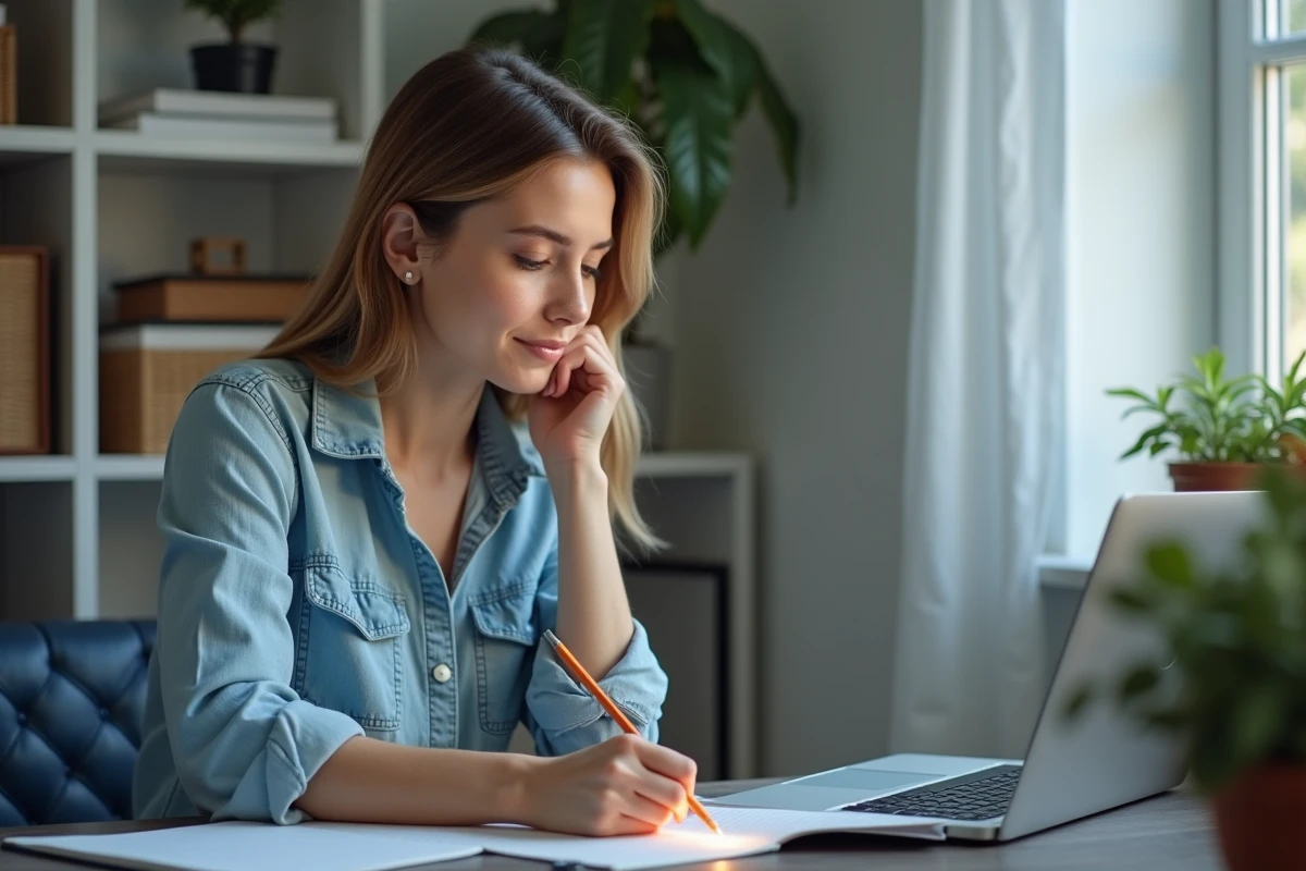 Une femme suivant une formation bricolage en ligne sur ordinateur portable avec prise de notes manuscrites