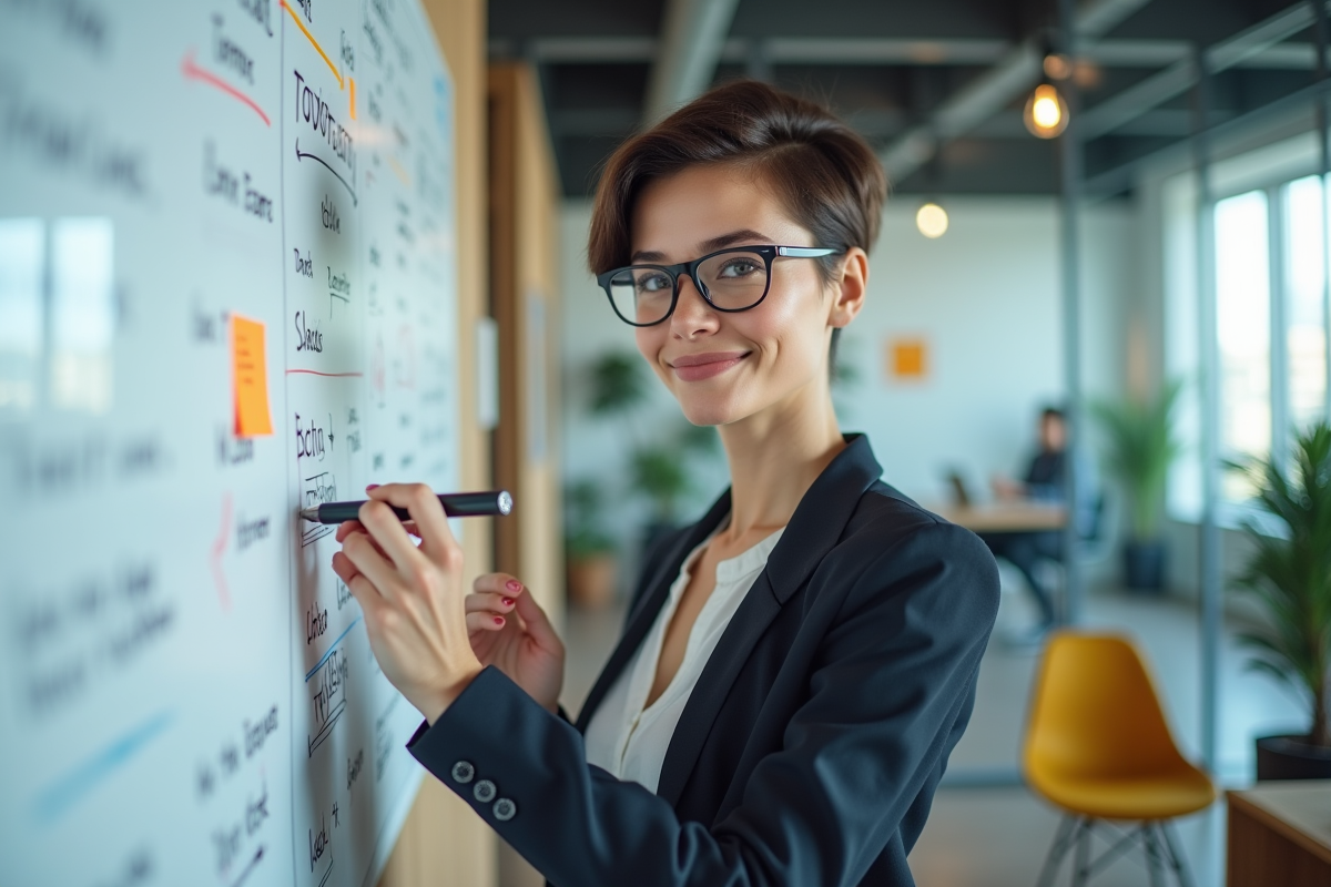 Femme en entreprise esquissant des idées sur un tableau blanc