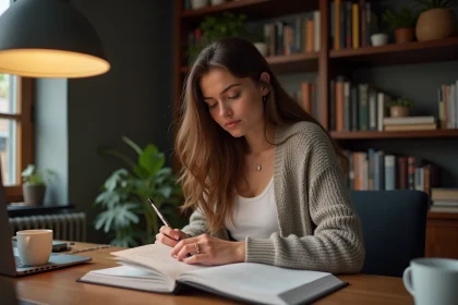 Femme lisant un manuscrit dans un bureau cosy