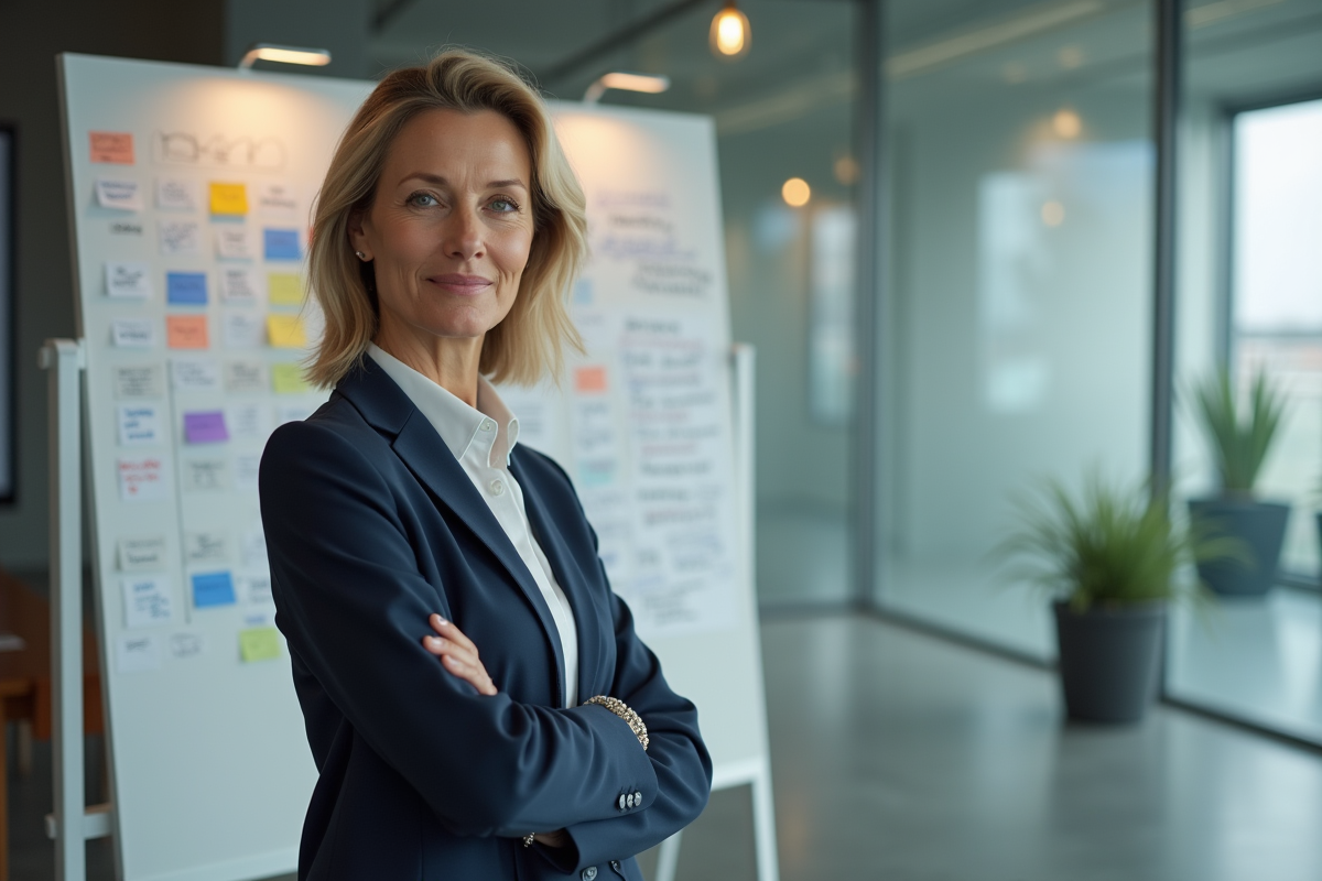 Manager femme devant un tableau d