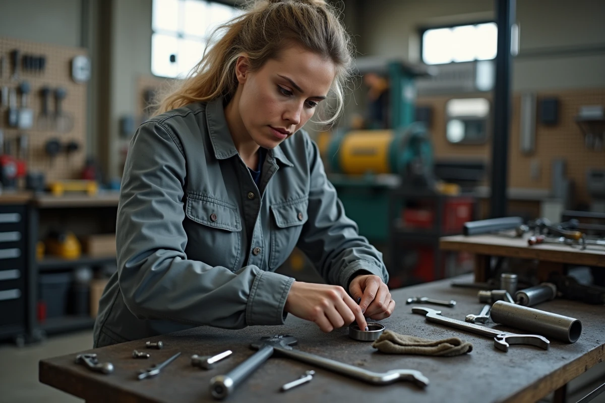 Femme travaillant dans un atelier industriel sans diplôme, apprenant un métier manuel bien payé sur le terrain