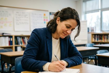 Femme en classe prenant des notes dans un centre éducatif