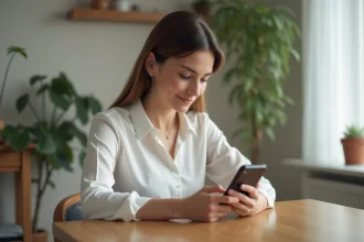 Femme assise à la cuisine avec smartphone en main