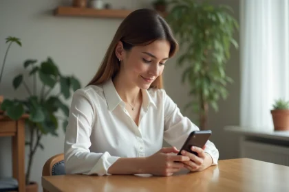 Femme assise à la cuisine avec smartphone en main