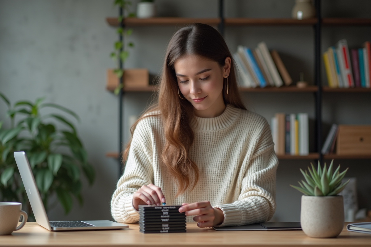 Jeune femme organisant des disques et clés USB dans un bureau moderne