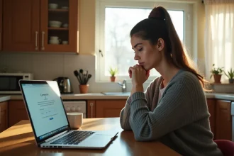 Femme frustrée devant un message d'erreur de connexion internet sur son ordinateur portable à la maison