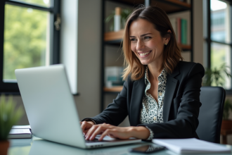 Femme professionnelle souriante au bureau moderne