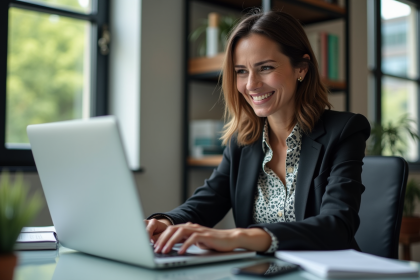 Femme professionnelle souriante au bureau moderne