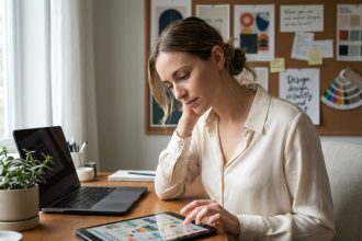 Jeune femme professionnelle étudie une infographie sur sa tablette
