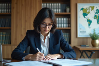 Femme professionnelle lisant des documents dans un bureau moderne