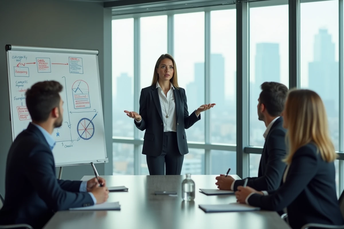 Jeune femme en costume donnant une présentation en réunion