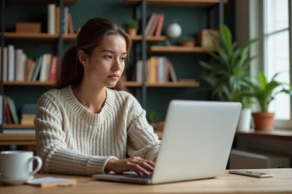Jeune femme en int&eacute;rieur recherchant emploi sur son ordinateur