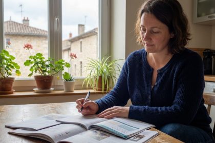 Femme r&eacute;fl&eacute;chissant &agrave; des brochures de cours dans une cuisine chaleureuse