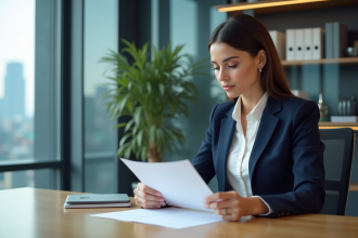 Femme en blazer navy et blouse blanche dans un bureau moderne