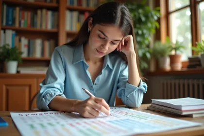 Jeune femme étudiant un tableau de conjugaison espagnol à son bureau à domicile