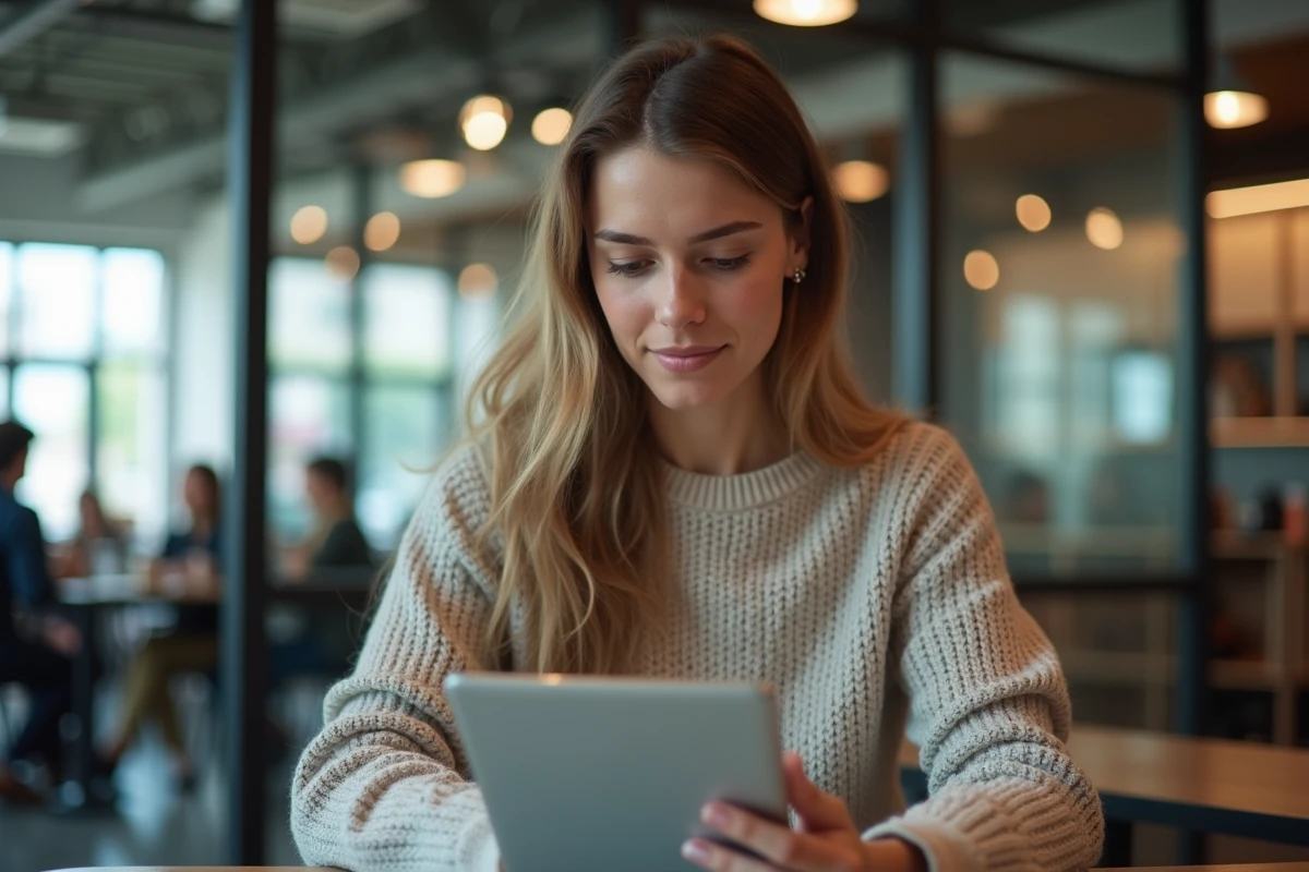 Jeune femme utilisant une tablette dans un espace coworking lumineux