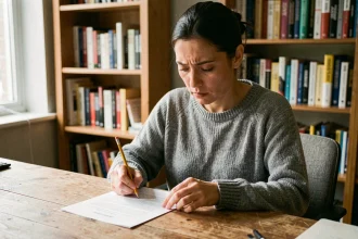 Femme concentrée en train de remplir un test de QI imprimé à son bureau à domicile