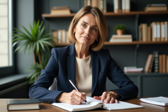 Femme concentrée écrivant dans un bureau moderne