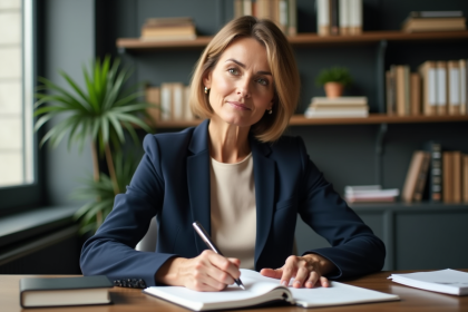 Femme concentrée écrivant dans un bureau moderne