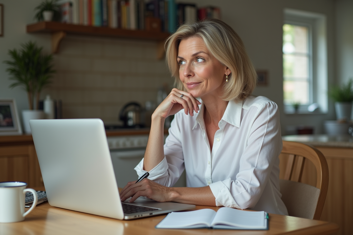 Femme concentrée travaillant à la maison avec ordinateur